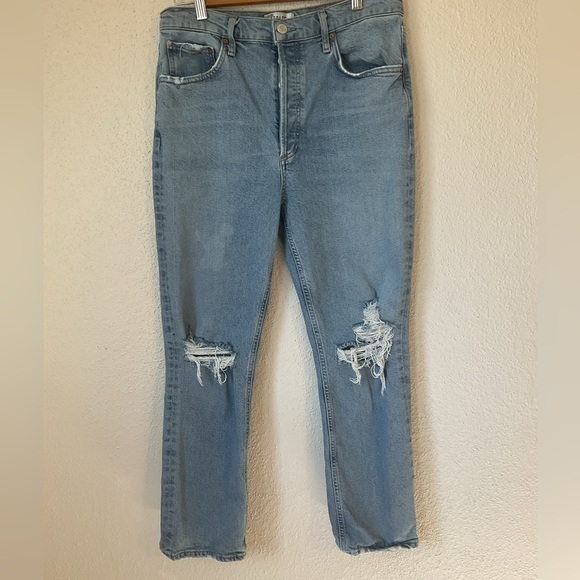 Agolde Riley Straight Leg Distressed Light Wash Jeans Size 30 - Picture 2 of 7